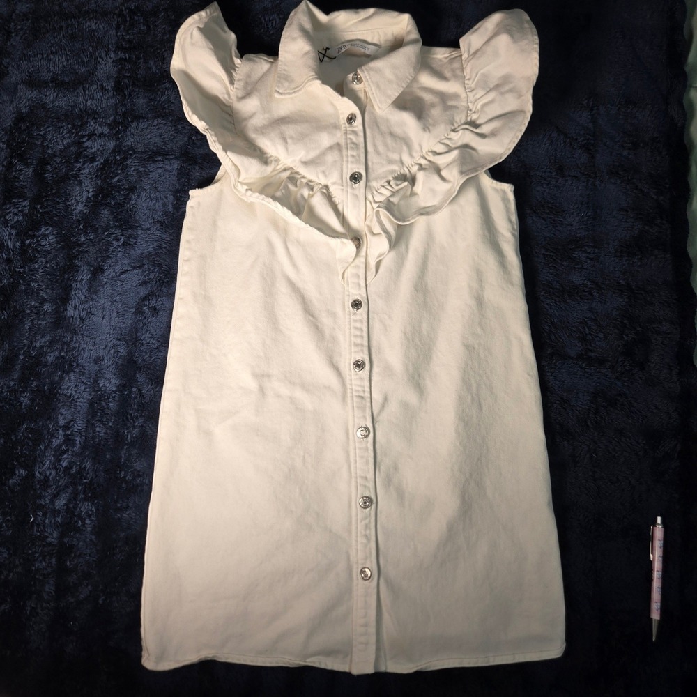 Zara White Denim Ruffle Mini Dress Sleeveless Button Front Womens Size Medium